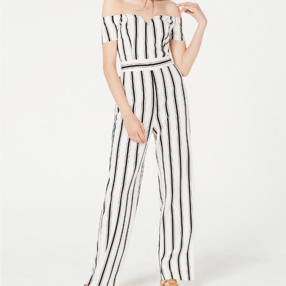 Teeze Me Juniors Off-The-Shoulder Striped Jumpsuit